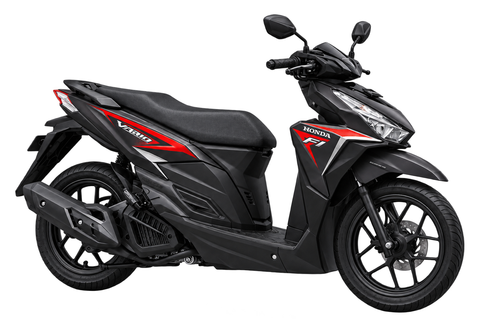 Honda Vario hitam dengan aksen merah, tampak samping depan